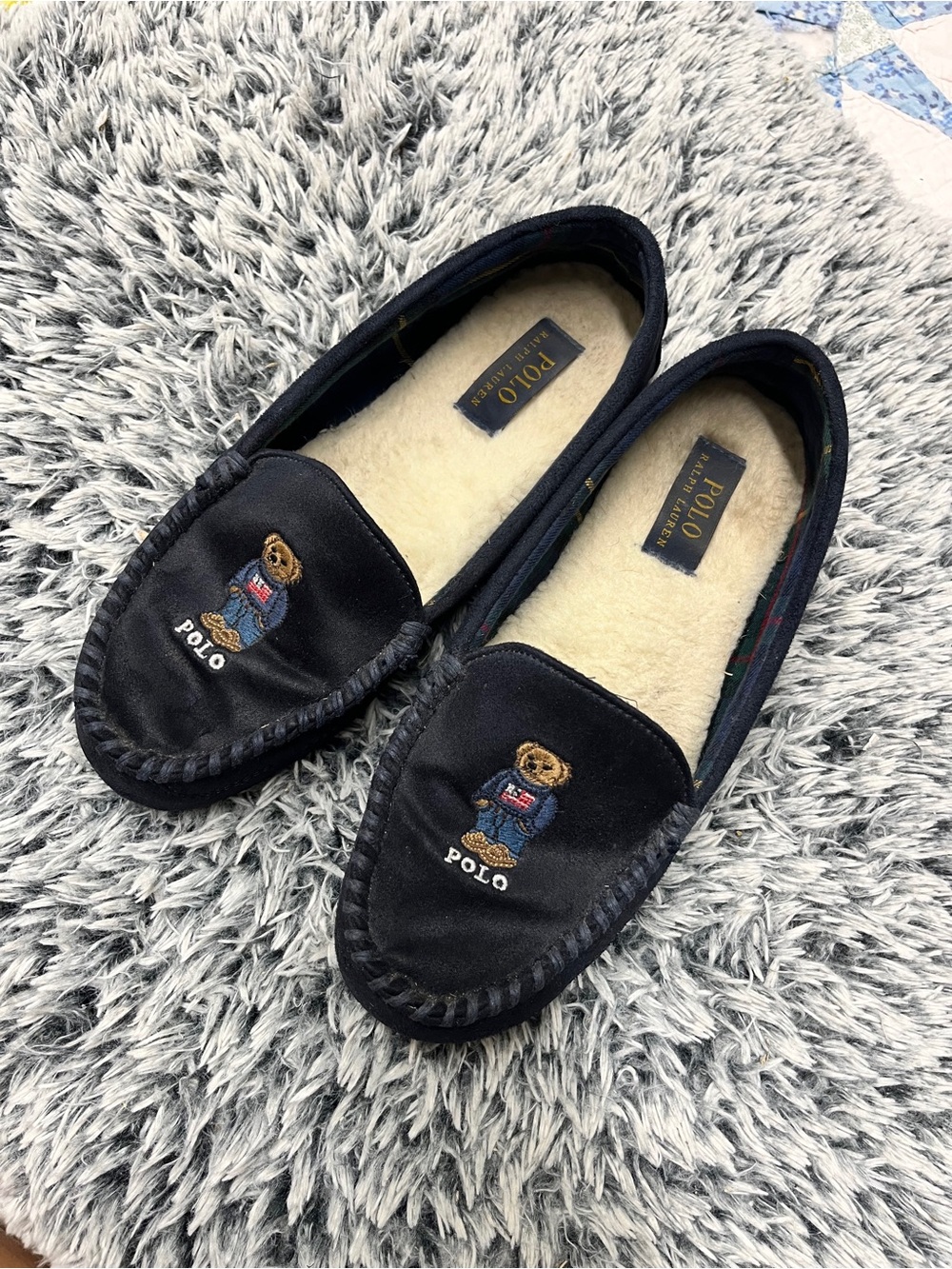 Polo Ralph Lauren Declan Bear Slippers WomenSize 7 Navy Blue Pony Bear Moccasin